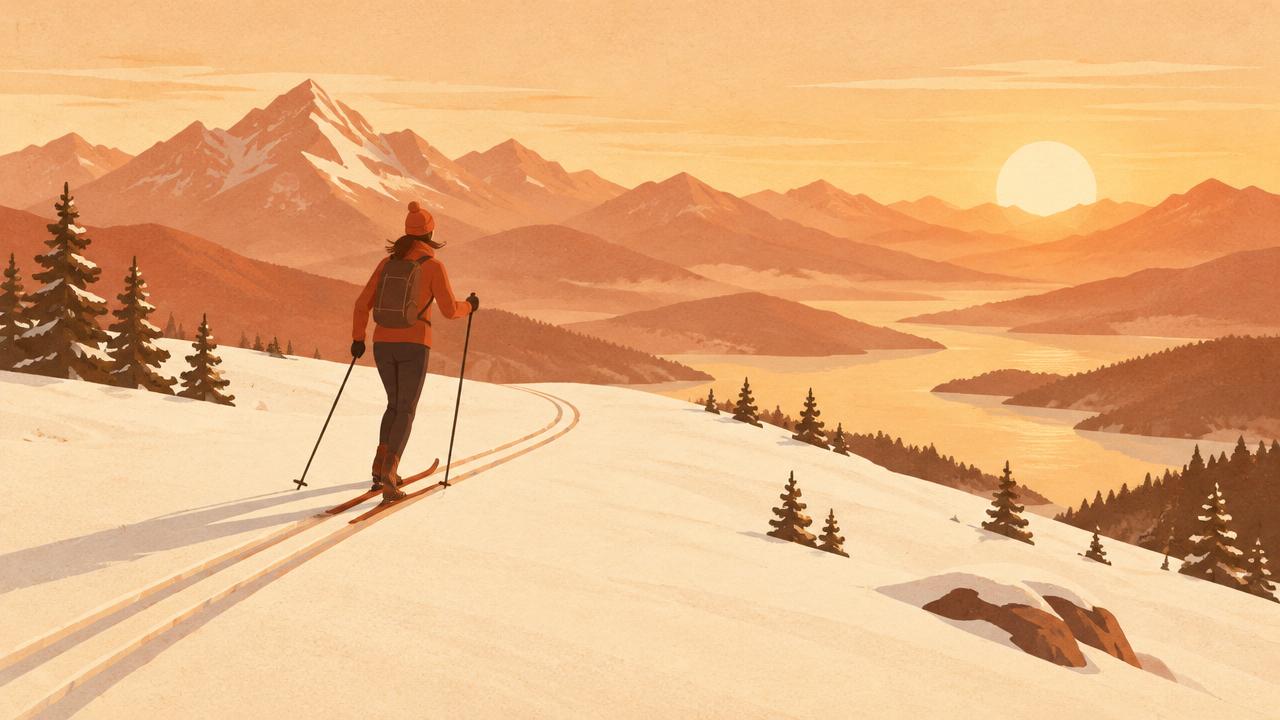 Skíðagöngukona á spori í vetrarlandslagi við sólarlag